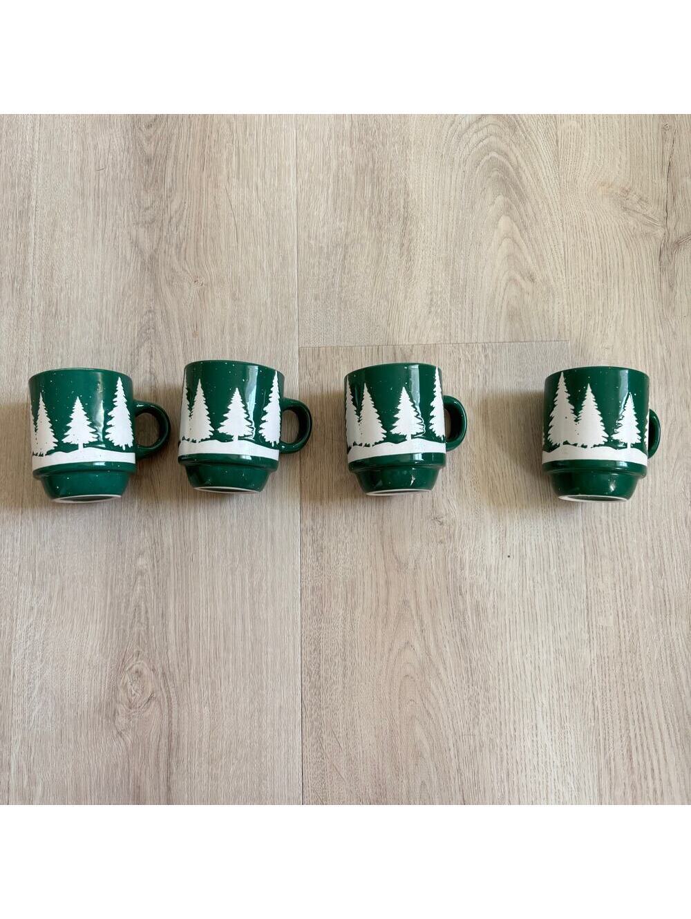 Robert Stanley NWOT Set of 4 Green Pine Tree Snowy Espresso Mugs